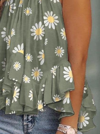 Daisy Print Halterneck Loose Tank Top - Tanks - INS | Online Fashion Free Shipping Clothing, Dresses, Tops, Shoes - 04/06/2021 - Category_Tanks - Color_Green