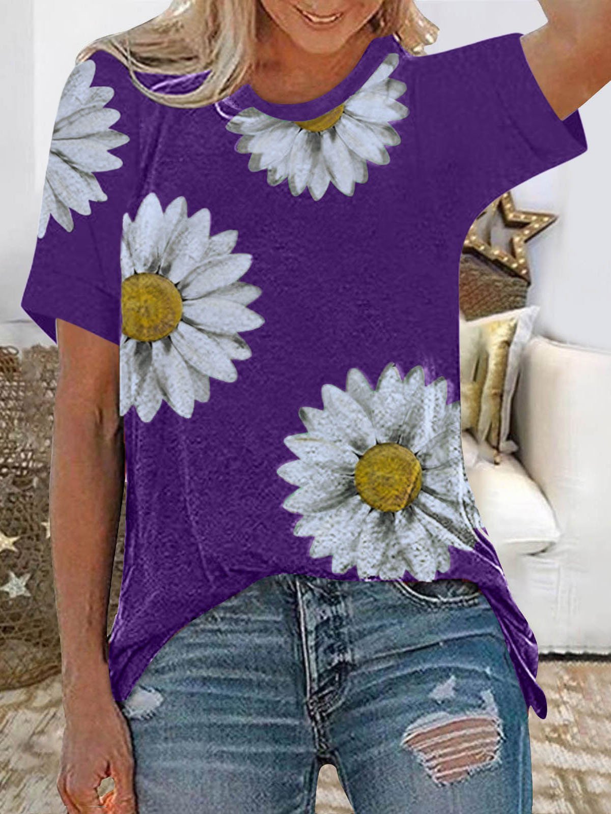 Daisy Print Round Neck Short Sleeve T-Shirt - T-Shirts - INS | Online Fashion Free Shipping Clothing, Dresses, Tops, Shoes - 09/07/2021 - 10-20 - Category_T-Shirts