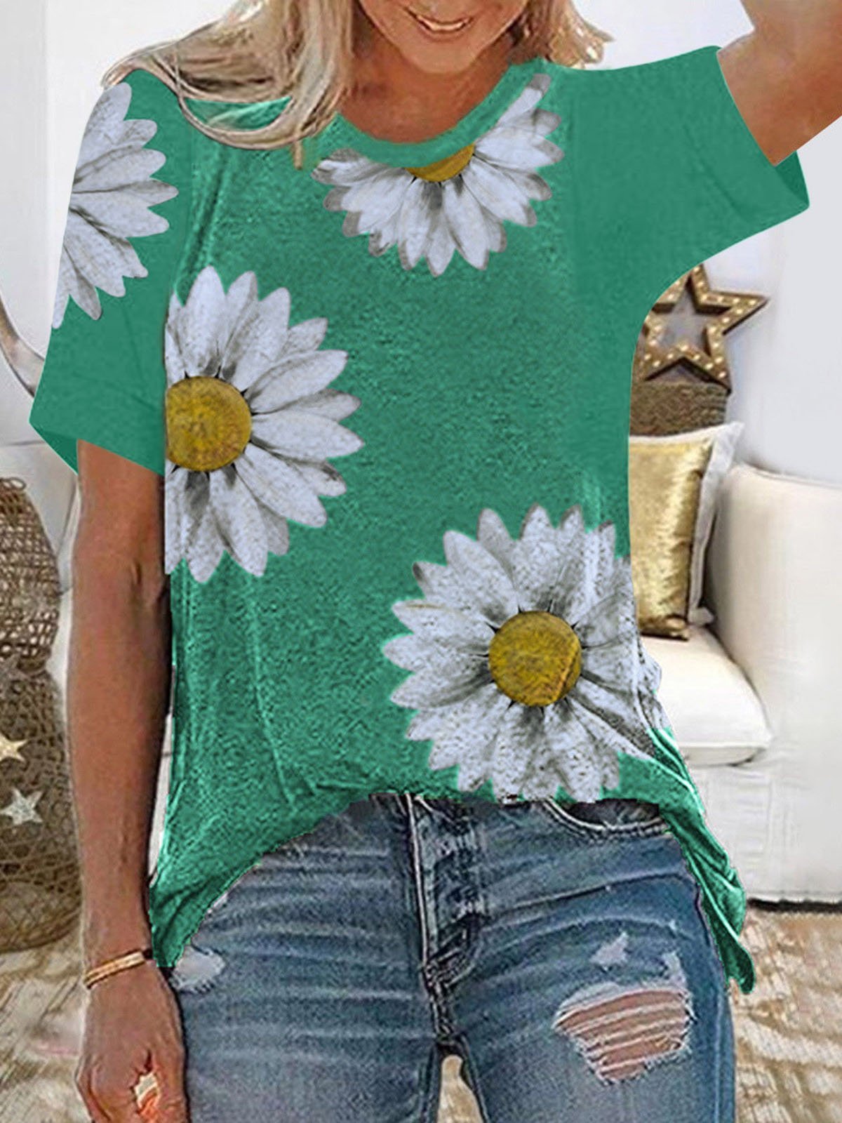 Daisy Print Round Neck Short Sleeve T-Shirt - T-Shirts - INS | Online Fashion Free Shipping Clothing, Dresses, Tops, Shoes - 09/07/2021 - 10-20 - Category_T-Shirts