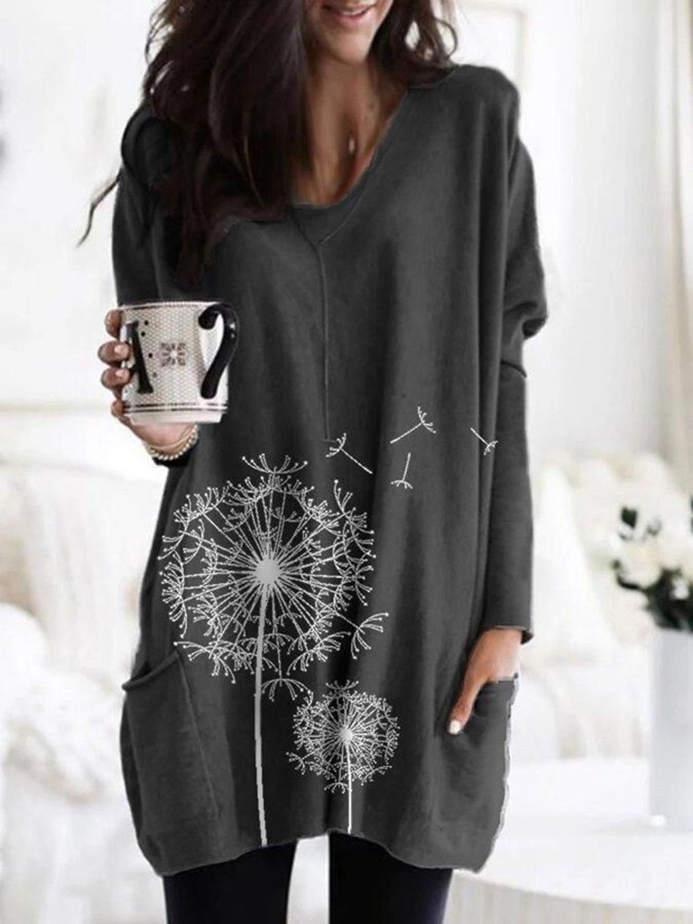 Dandelion Print Long Sleeve Top Sweater T-shirt Women - T-shirt - INS | Online Fashion Free Shipping Clothing, Dresses, Tops, Shoes - 12/05/2021 - 120521 - Color_Blue