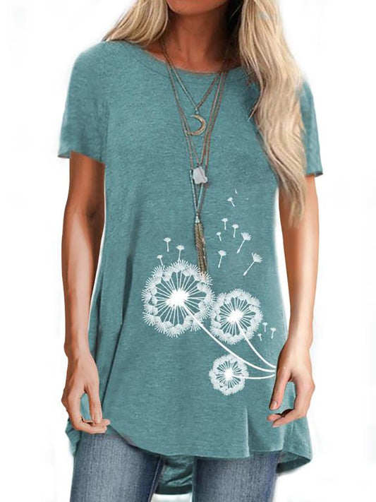 Dandelion Printed Loose Casual Stretch T-shirt - T-Shirts - INS | Online Fashion Free Shipping Clothing, Dresses, Tops, Shoes - 13/04/2021 - Color_Blue-Green - Color_Gray