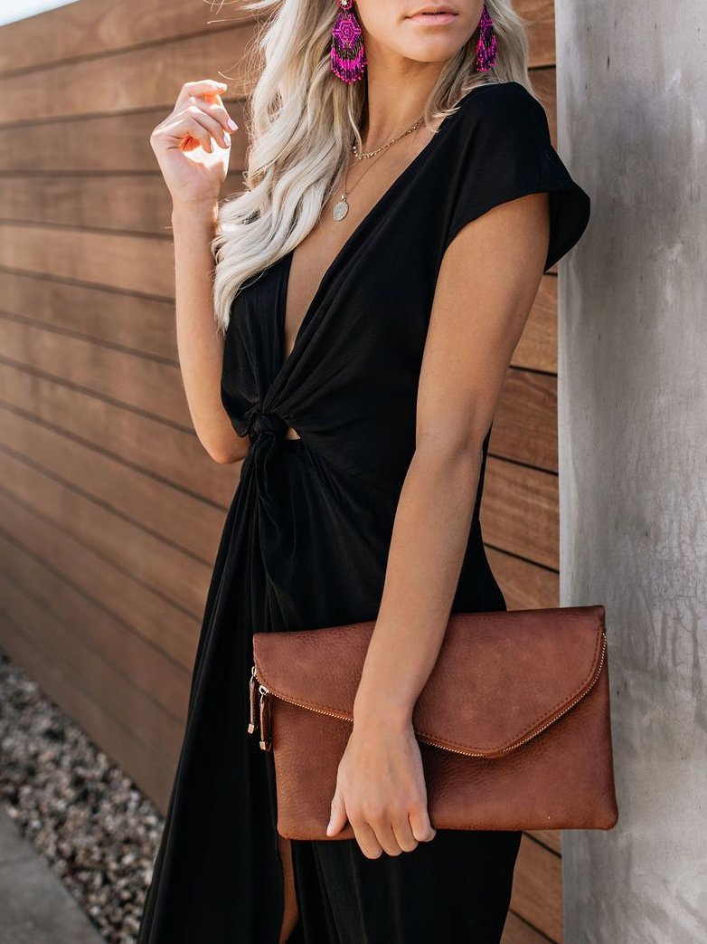 Deep V-knotted Short Sleeve Slim Dress - Midi Dresses - INS | Online Fashion Free Shipping Clothing, Dresses, Tops, Shoes - 06/07/2021 - 10-20 - color-black