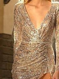 Deep V Long Sleeve Slim Pencil Skirt - Mini Dresses - INS | Online Fashion Free Shipping Clothing, Dresses, Tops, Shoes - 16/06/2021 - 40-50 - color-silver