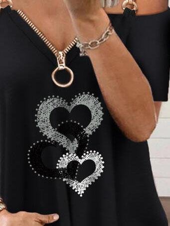 Deep V Metal Sling Zipper Off-shoulder Short Sleeve T-shirt - T-Shirts - INS | Online Fashion Free Shipping Clothing, Dresses, Tops, Shoes - 31/05/2021 - Category_T-Shirts - Color_Black