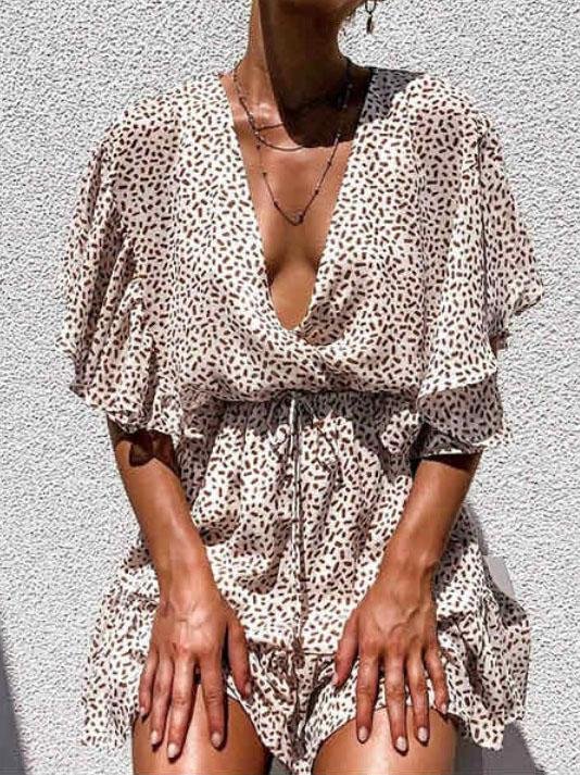 Deep V-neck Bat Sleeve Loose Chiffon Ruffle Dress - Mini Dresses - INS | Online Fashion Free Shipping Clothing, Dresses, Tops, Shoes - 01/06/2021 - Category_Mini Dresses - Color_Apricot