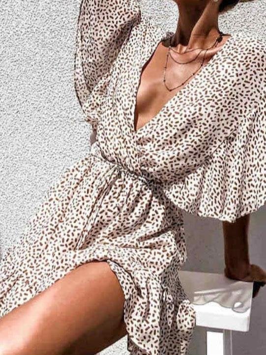 Deep V-neck Bat Sleeve Loose Chiffon Ruffle Dress - Mini Dresses - INS | Online Fashion Free Shipping Clothing, Dresses, Tops, Shoes - 01/06/2021 - Category_Mini Dresses - Color_Apricot