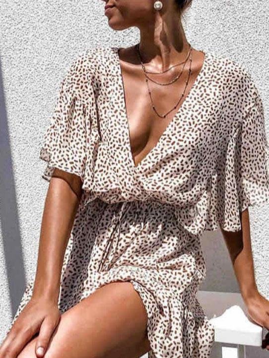 Deep V-neck Bat Sleeve Loose Chiffon Ruffle Dress - Mini Dresses - INS | Online Fashion Free Shipping Clothing, Dresses, Tops, Shoes - 01/06/2021 - Category_Mini Dresses - Color_Apricot