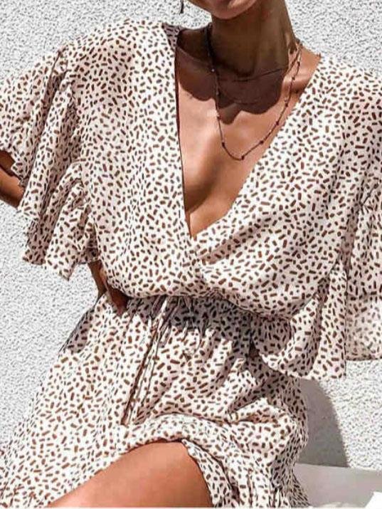 Deep V-neck Bat Sleeve Loose Chiffon Ruffle Dress - Mini Dresses - INS | Online Fashion Free Shipping Clothing, Dresses, Tops, Shoes - 01/06/2021 - Category_Mini Dresses - Color_Apricot