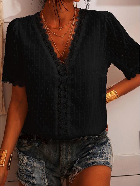 Deep V-neck Embroidered Lace Chiffon Blouse - Blouses - INS | Online Fashion Free Shipping Clothing, Dresses, Tops, Shoes - 03/06/2021 - BLO2106030001 - Blouses