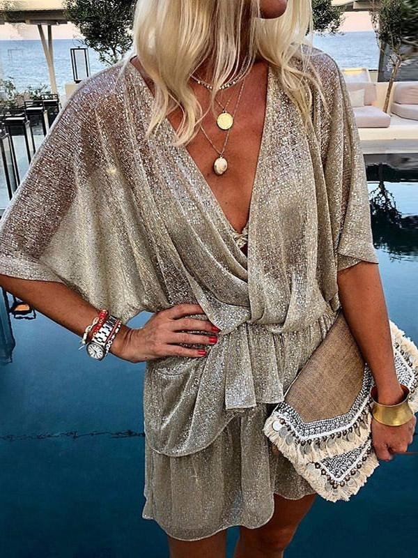 Deep V-Neck Five-Point Sleeve Bright Dress - Mini Dresses - INS | Online Fashion Free Shipping Clothing, Dresses, Tops, Shoes - 27/07/2021 - 30-40 - Category_Mini Dresses