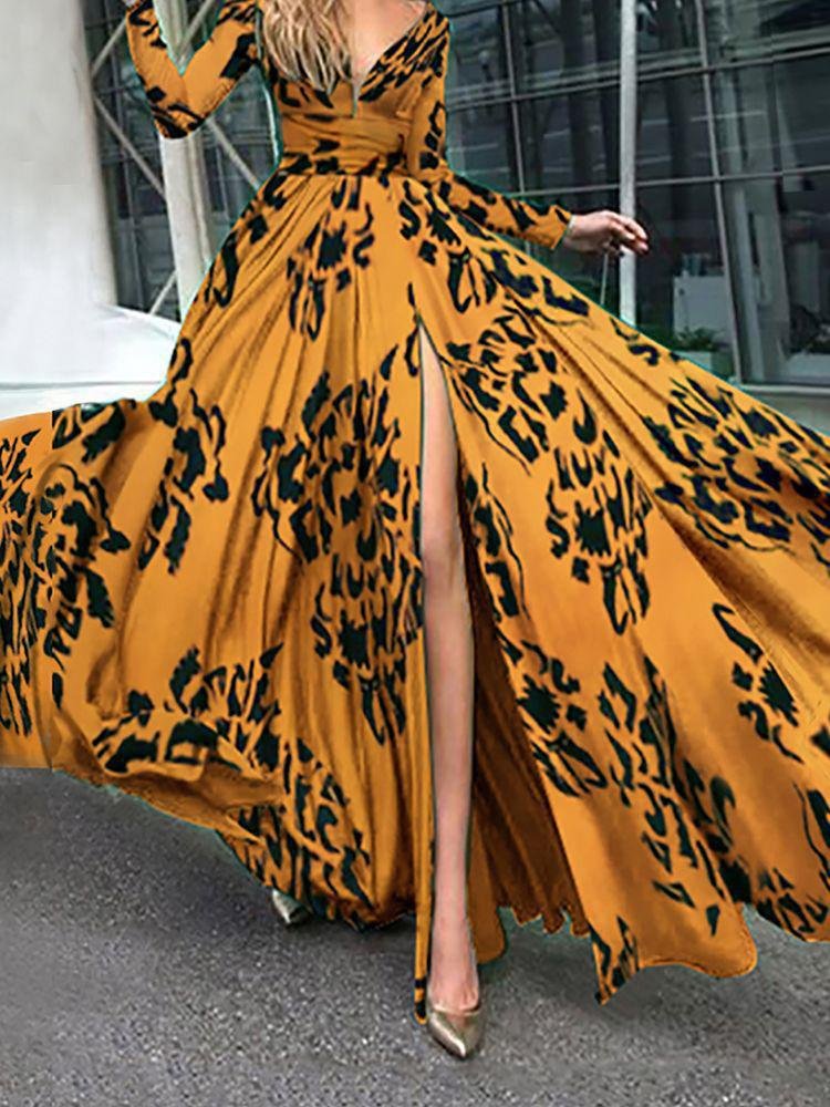 Deep V-neck Long-sleeved High-slit Evening Gown - Maxi Dresses - INS | Online Fashion Free Shipping Clothing, Dresses, Tops, Shoes - 03/07/2021 - 30-40 - color-yellow