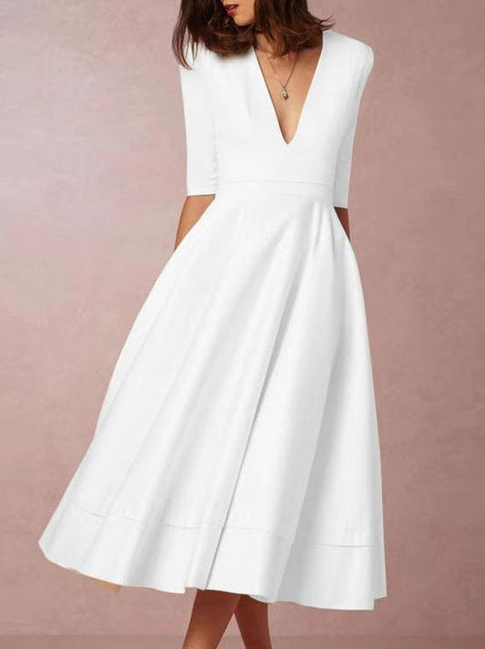 Deep V Neck Mid-sleeve Midi Dress - Midi Dresses - INS | Online Fashion Free Shipping Clothing, Dresses, Tops, Shoes - 07/06/2021 - Color_Black - Color_Red