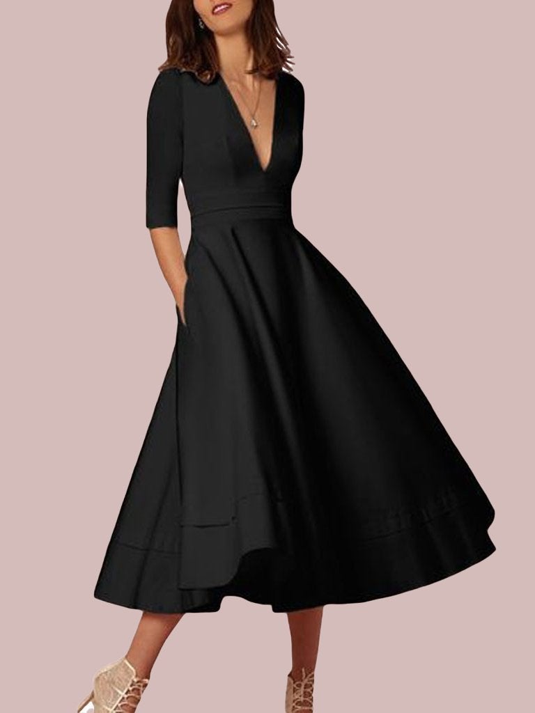 Deep V Neck Mid-sleeve Midi Dress - Midi Dresses - INS | Online Fashion Free Shipping Clothing, Dresses, Tops, Shoes - 07/06/2021 - Color_Black - Color_Red