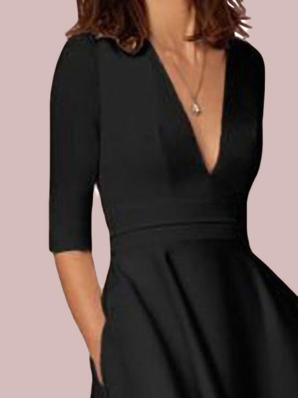 Deep V Neck Mid-sleeve Midi Dress - Midi Dresses - INS | Online Fashion Free Shipping Clothing, Dresses, Tops, Shoes - 07/06/2021 - Color_Black - Color_Red