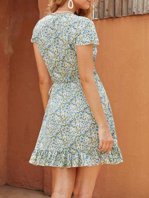 Deep V Neck Print Ruffle Dress - Mini Dresses - INS | Online Fashion Free Shipping Clothing, Dresses, Tops, Shoes - 19/06/2021 - 20-30 - color-green