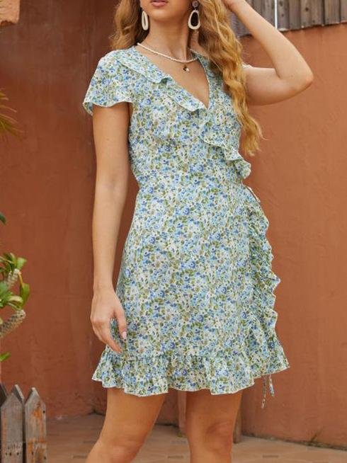 Deep V Neck Print Ruffle Dress - Mini Dresses - INS | Online Fashion Free Shipping Clothing, Dresses, Tops, Shoes - 19/06/2021 - 20-30 - color-green