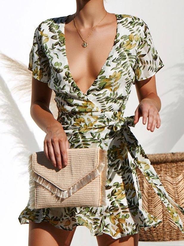 Deep V-Neck Short Sleeve Printed Mini Dress - Mini Dresses - INS | Online Fashion Free Shipping Clothing, Dresses, Tops, Shoes - 20-30 - 21/07/2021 - Category_Mini Dresses