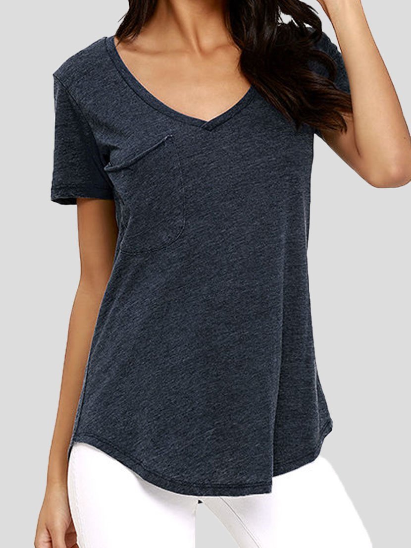 Deep V-Neck Solid Short Sleeve Casual T-Shirt - T-Shirts - INS | Online Fashion Free Shipping Clothing, Dresses, Tops, Shoes - 10-20 - 15/07/2021 - Category_T-Shirts
