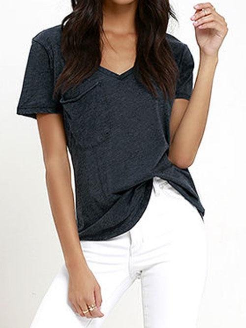 Deep V-Neck Solid Short Sleeve Casual T-Shirt - T-Shirts - INS | Online Fashion Free Shipping Clothing, Dresses, Tops, Shoes - 10-20 - 15/07/2021 - Category_T-Shirts