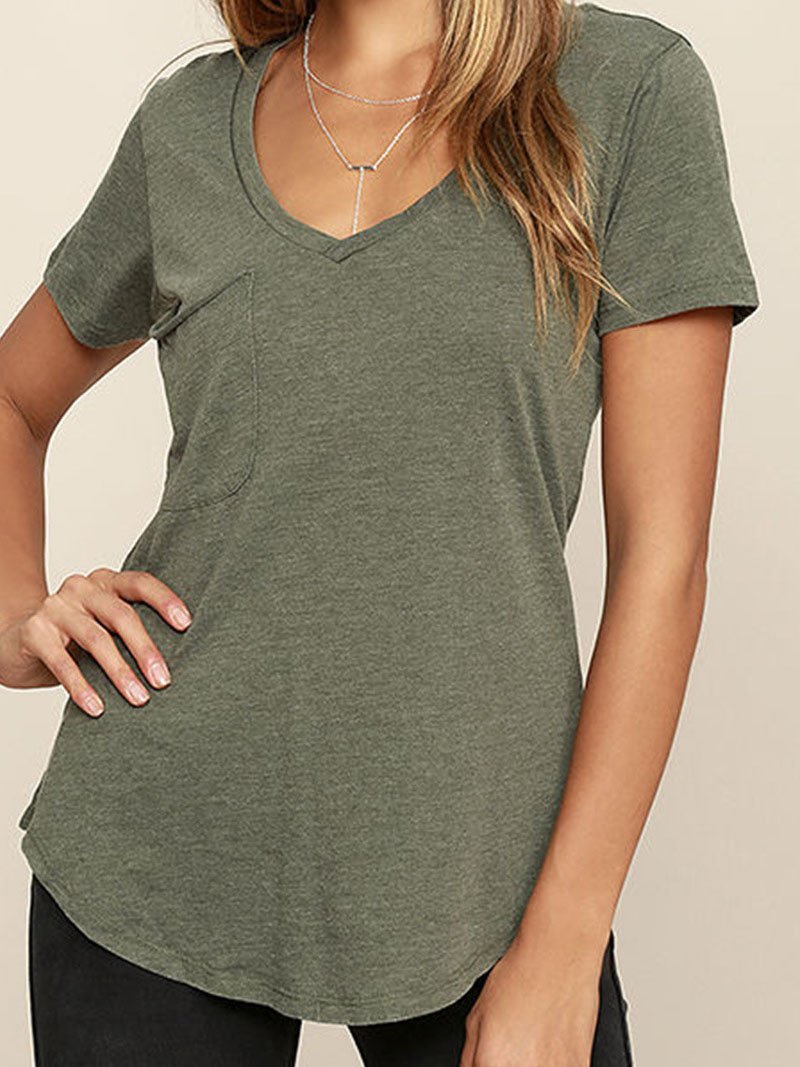 Deep V-Neck Solid Short Sleeve Casual T-Shirt - T-Shirts - INS | Online Fashion Free Shipping Clothing, Dresses, Tops, Shoes - 10-20 - 15/07/2021 - Category_T-Shirts