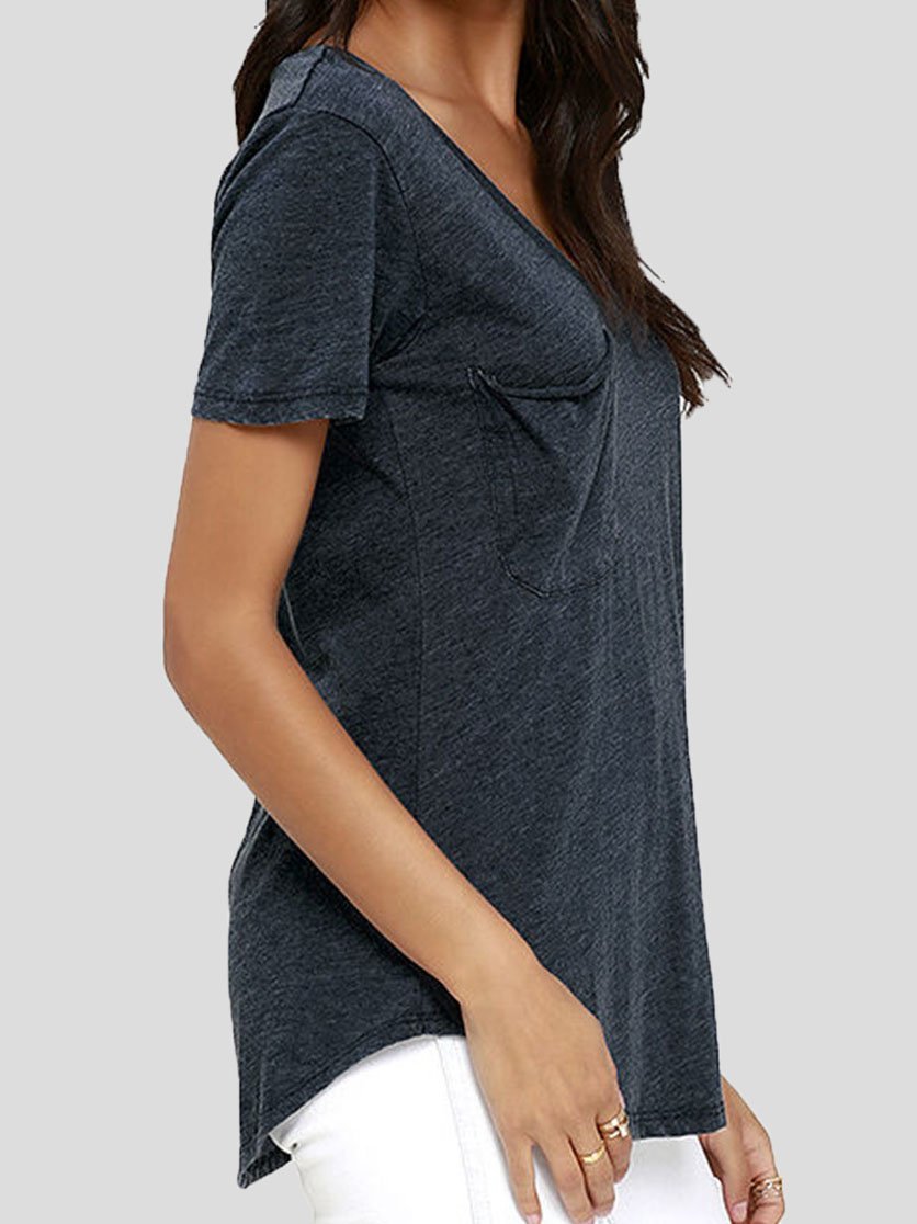 Deep V-Neck Solid Short Sleeve Casual T-Shirt - T-Shirts - INS | Online Fashion Free Shipping Clothing, Dresses, Tops, Shoes - 10-20 - 15/07/2021 - Category_T-Shirts