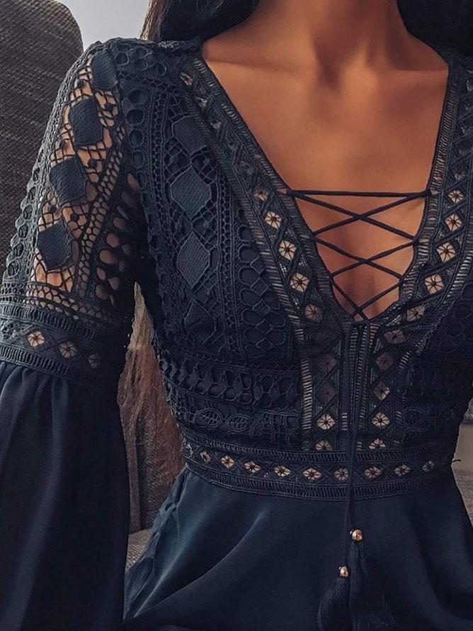 Deep V-neck Tie Long Sleeve Mini Dress - Mini Dresses - INS | Online Fashion Free Shipping Clothing, Dresses, Tops, Shoes - 05/06/2021 - Color_Black - Color_White