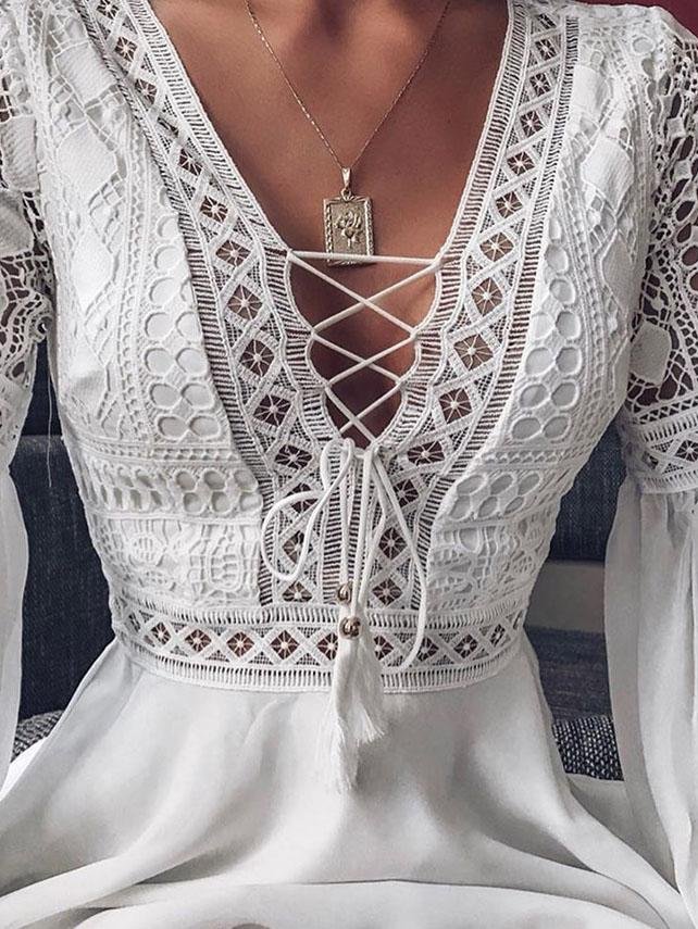 Deep V-neck Tie Long Sleeve Mini Dress - Mini Dresses - INS | Online Fashion Free Shipping Clothing, Dresses, Tops, Shoes - 05/06/2021 - Color_Black - Color_White