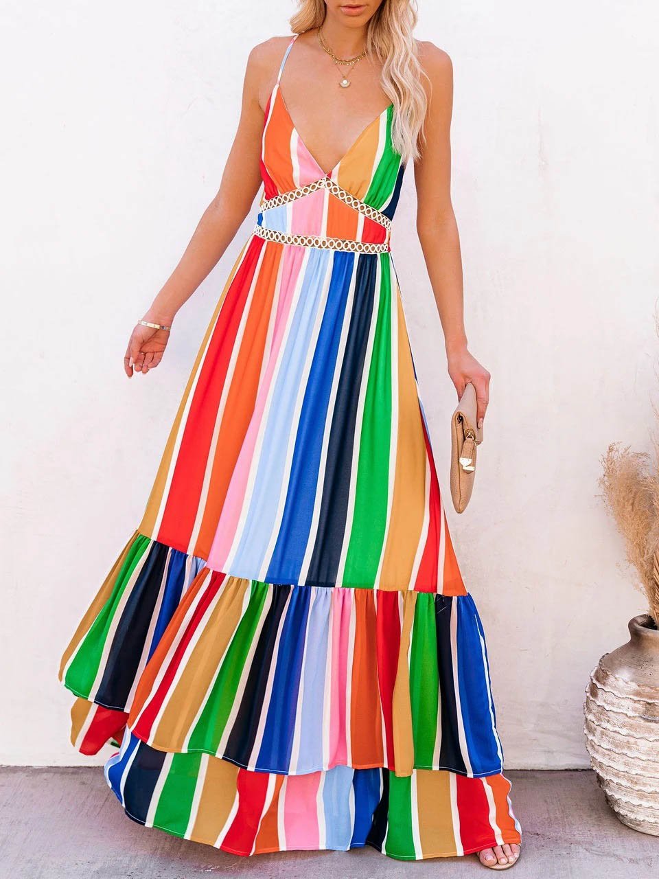 Deep V Sleeveless Rainbow Stripe Long Dress - Maxi Dresses - INS | Online Fashion Free Shipping Clothing, Dresses, Tops, Shoes - 04/06/2021 - Color_Blue - DRE2106040049