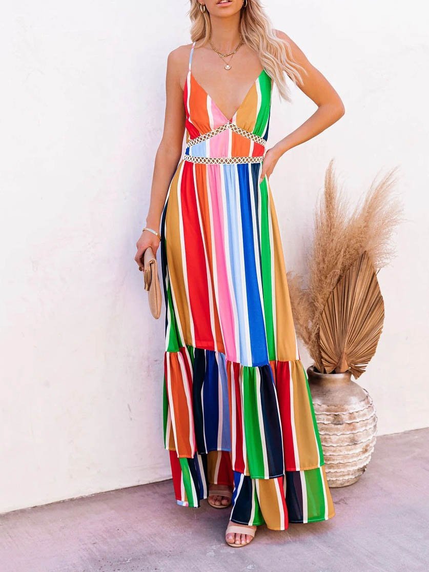 Deep V Sleeveless Rainbow Stripe Long Dress - Maxi Dresses - INS | Online Fashion Free Shipping Clothing, Dresses, Tops, Shoes - 04/06/2021 - Color_Blue - DRE2106040049