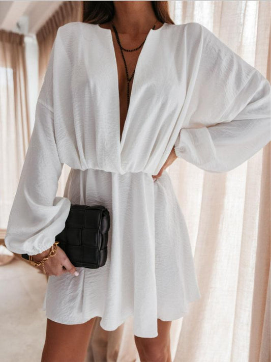 Deep V Solid Color Long Sleeve High Waist Dress - Mini Dresses - INS | Online Fashion Free Shipping Clothing, Dresses, Tops, Shoes - 01/06/2021 - Category_Mini Dresses - Color_Black