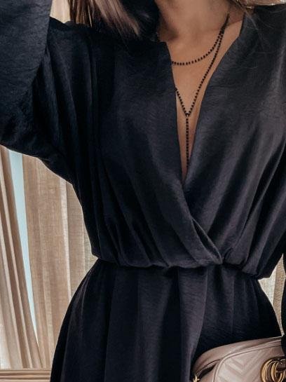 Deep V Solid Color Long Sleeve High Waist Dress - Mini Dresses - INS | Online Fashion Free Shipping Clothing, Dresses, Tops, Shoes - 01/06/2021 - Category_Mini Dresses - Color_Black