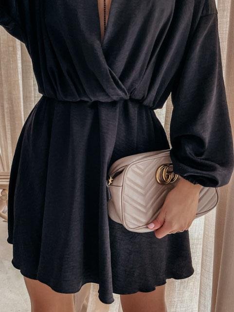 Deep V Solid Color Long Sleeve High Waist Dress - Mini Dresses - INS | Online Fashion Free Shipping Clothing, Dresses, Tops, Shoes - 01/06/2021 - Category_Mini Dresses - Color_Black