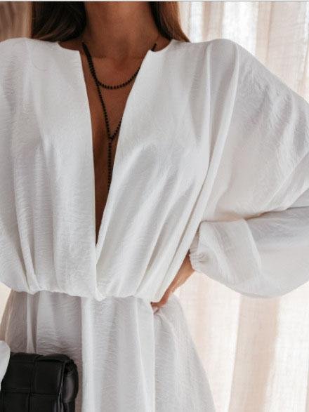 Deep V Solid Color Long Sleeve High Waist Dress - Mini Dresses - INS | Online Fashion Free Shipping Clothing, Dresses, Tops, Shoes - 01/06/2021 - Category_Mini Dresses - Color_Black