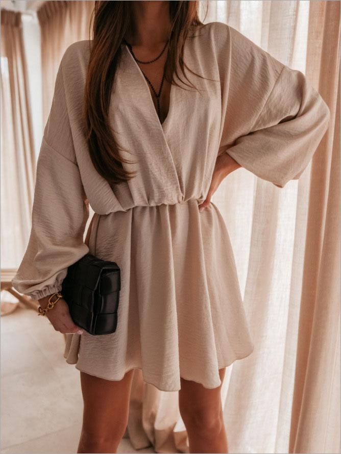 Deep V Solid Color Long Sleeve High Waist Dress - Mini Dresses - INS | Online Fashion Free Shipping Clothing, Dresses, Tops, Shoes - 01/06/2021 - Category_Mini Dresses - Color_Black
