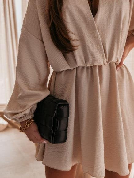 Deep V Solid Color Long Sleeve High Waist Dress - Mini Dresses - INS | Online Fashion Free Shipping Clothing, Dresses, Tops, Shoes - 01/06/2021 - Category_Mini Dresses - Color_Black