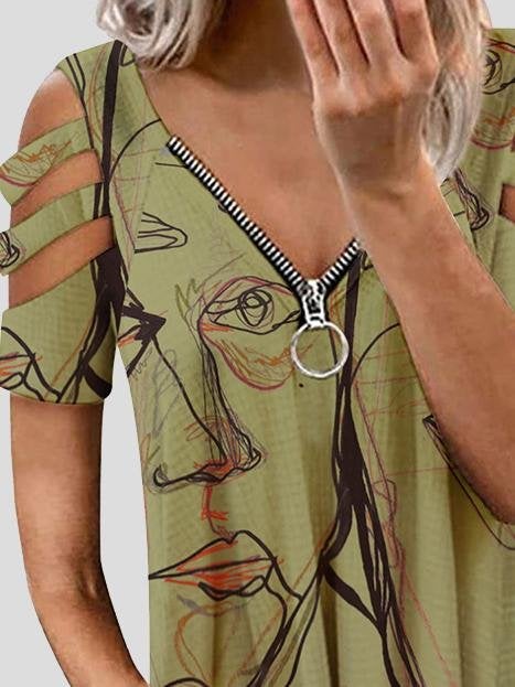 Deep V Zip Off Shoulder Short Sleeve T-Shirts - T-Shirts - INS | Online Fashion Free Shipping Clothing, Dresses, Tops, Shoes - 17/06/2021 - 20-30 - Category_T-Shirts