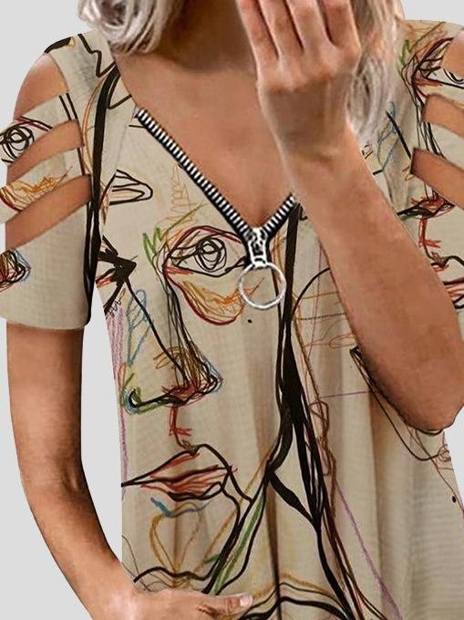 Deep V Zip Off Shoulder Short Sleeve T-Shirts - T-Shirts - INS | Online Fashion Free Shipping Clothing, Dresses, Tops, Shoes - 17/06/2021 - 20-30 - Category_T-Shirts