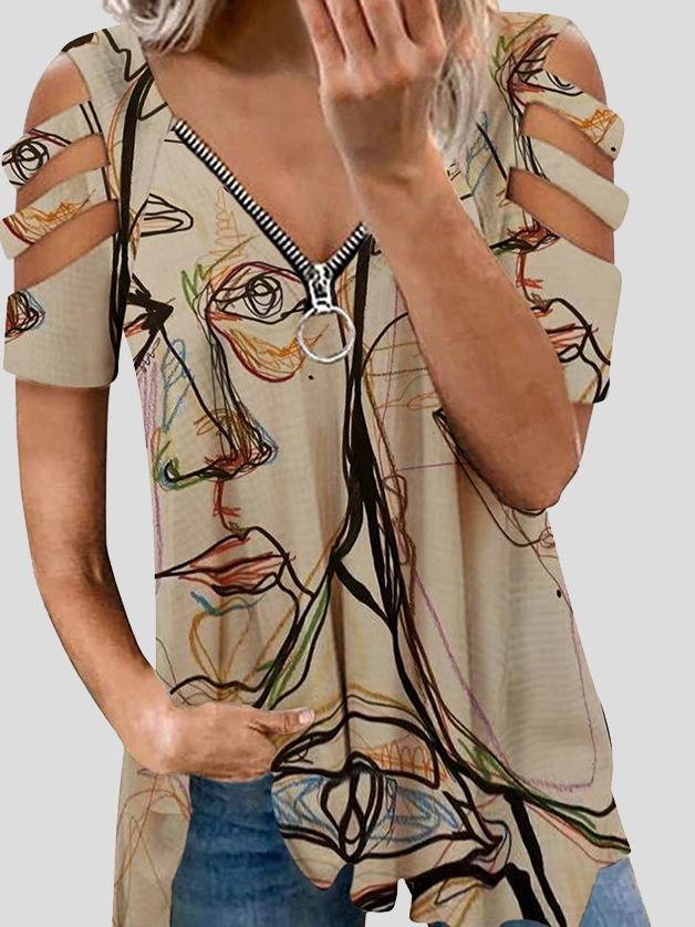 Deep V Zip Off Shoulder Short Sleeve T-Shirts - T-Shirts - INS | Online Fashion Free Shipping Clothing, Dresses, Tops, Shoes - 17/06/2021 - 20-30 - Category_T-Shirts