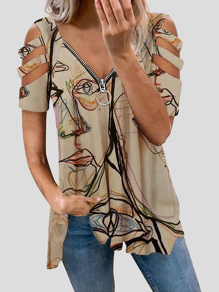 Deep V Zip Off Shoulder Short Sleeve T-Shirts - T-Shirts - INS | Online Fashion Free Shipping Clothing, Dresses, Tops, Shoes - 17/06/2021 - 20-30 - Category_T-Shirts