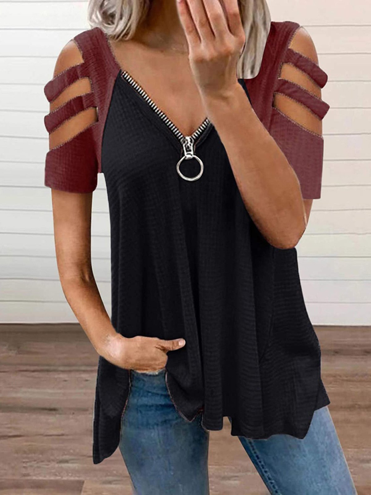 Deep V Zipper Contrast Off Shoulder Short Sleeve T-Shirt - T-Shirts - INS | Online Fashion Free Shipping Clothing, Dresses, Tops, Shoes - 10-20 - 17/06/2021 - Category_T-Shirts