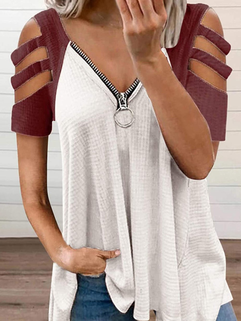 Deep V Zipper Contrast Off Shoulder Short Sleeve T-Shirt - T-Shirts - INS | Online Fashion Free Shipping Clothing, Dresses, Tops, Shoes - 10-20 - 17/06/2021 - Category_T-Shirts