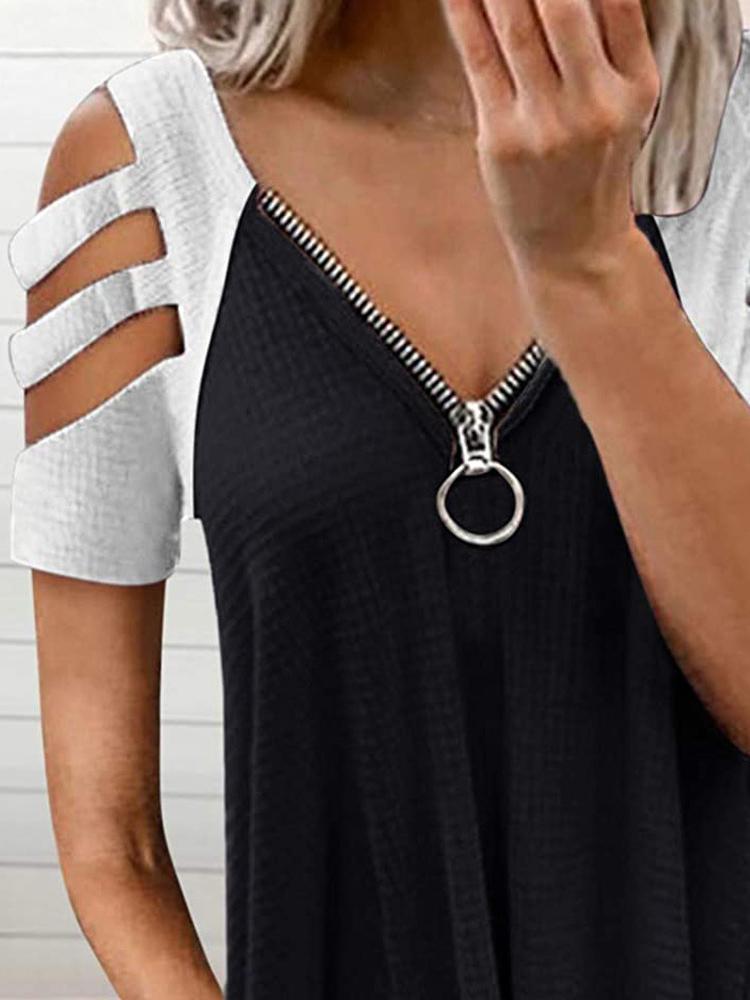 Deep V Zipper Contrast Off Shoulder Short Sleeve T-Shirt - T-Shirts - INS | Online Fashion Free Shipping Clothing, Dresses, Tops, Shoes - 10-20 - 17/06/2021 - Category_T-Shirts