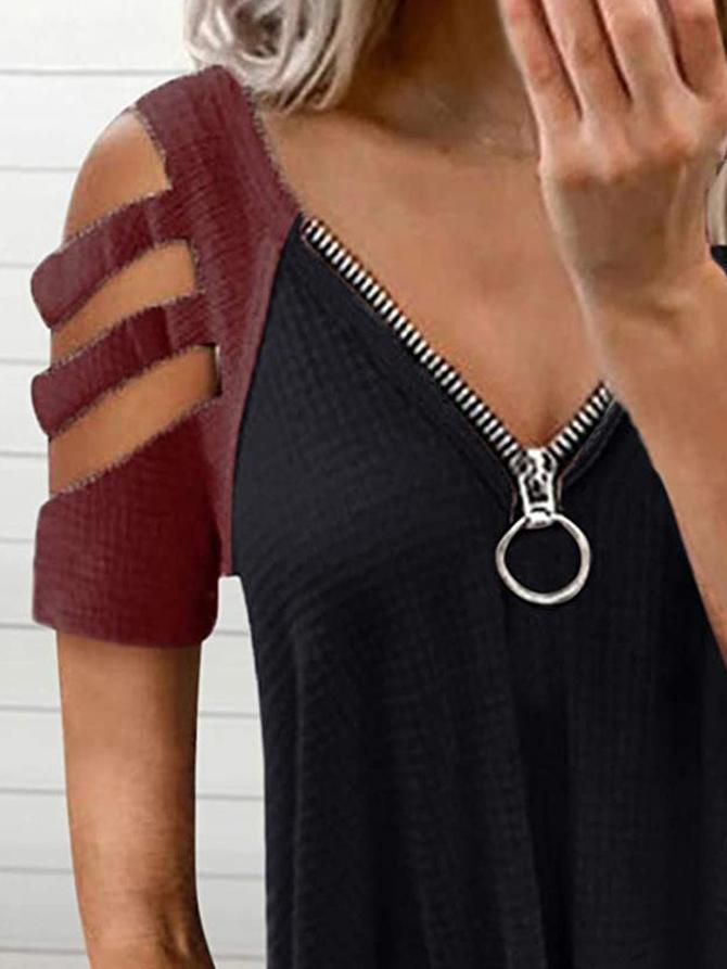 Deep V Zipper Contrast Off Shoulder Short Sleeve T-Shirt - T-Shirts - INS | Online Fashion Free Shipping Clothing, Dresses, Tops, Shoes - 10-20 - 17/06/2021 - Category_T-Shirts