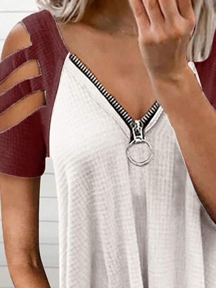 Deep V Zipper Contrast Off Shoulder Short Sleeve T-Shirt - T-Shirts - INS | Online Fashion Free Shipping Clothing, Dresses, Tops, Shoes - 10-20 - 17/06/2021 - Category_T-Shirts