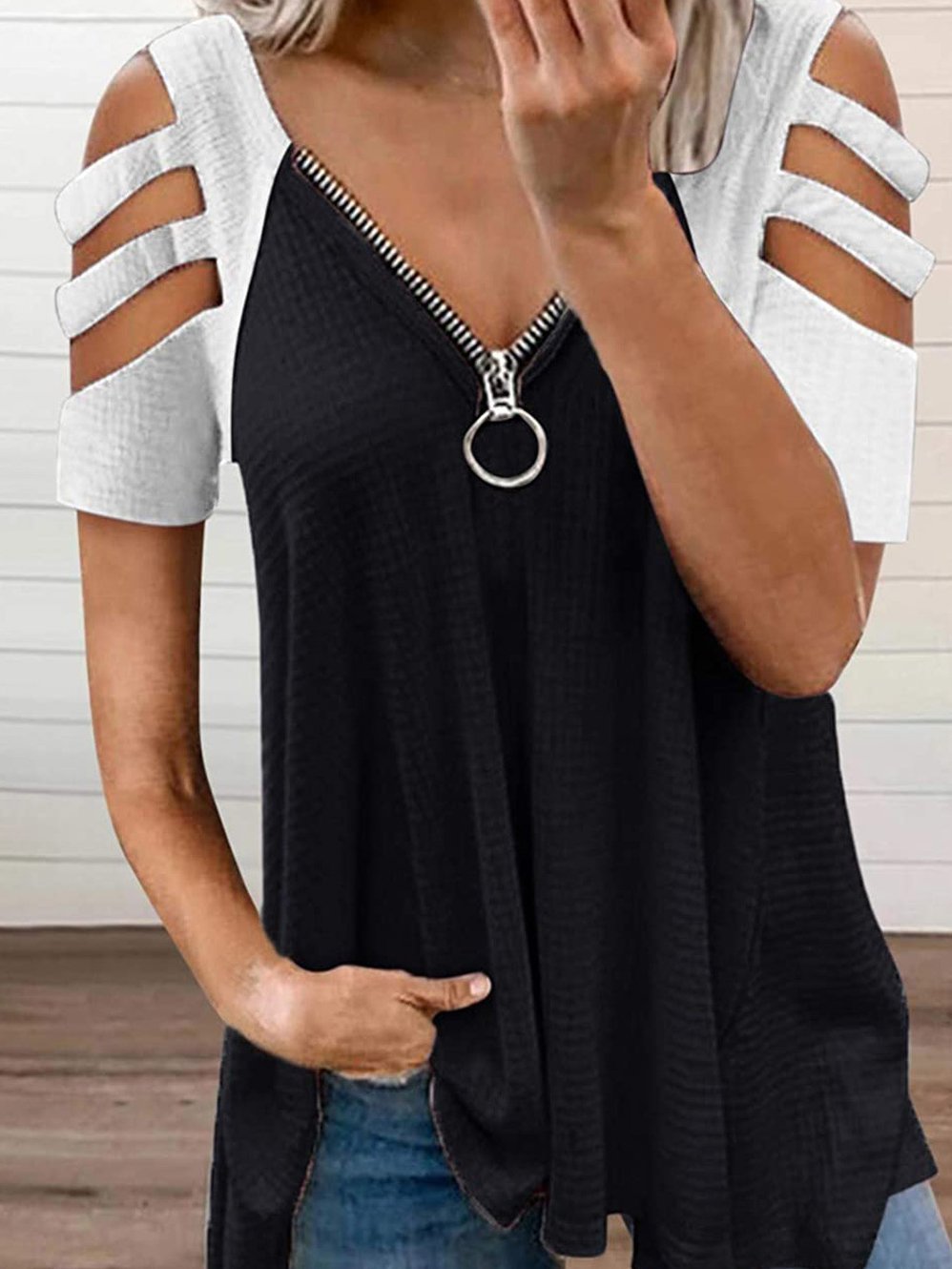 Deep V Zipper Contrast Off Shoulder Short Sleeve T-Shirt - T-Shirts - INS | Online Fashion Free Shipping Clothing, Dresses, Tops, Shoes - 10-20 - 17/06/2021 - Category_T-Shirts