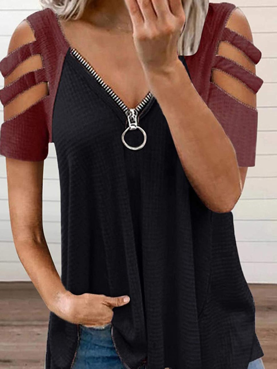 Deep V Zipper Contrast Off Shoulder Short Sleeve T-Shirt - T-Shirts - INS | Online Fashion Free Shipping Clothing, Dresses, Tops, Shoes - 10-20 - 17/06/2021 - Category_T-Shirts