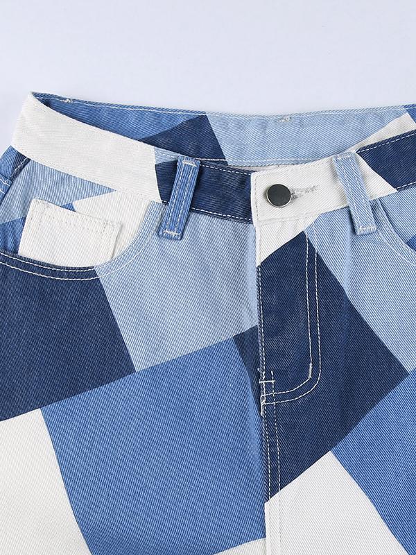 Diamond Check Print Contrast High-waisted Straight-leg Jeans - Jeans - INS | Online Fashion Free Shipping Clothing, Dresses, Tops, Shoes - 02/07/2021 - 40-50 - Bottoms