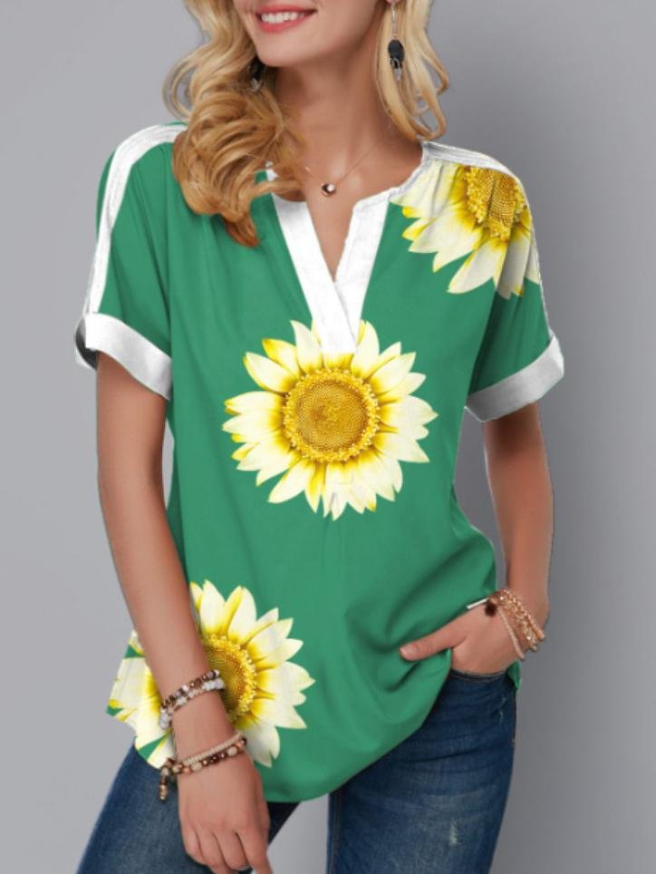 Digital Printed V-neck Short-sleeved Top - T-shirts - INS | Online Fashion Free Shipping Clothing, Dresses, Tops, Shoes - 10-20 - 19/06/2021 - color-blue