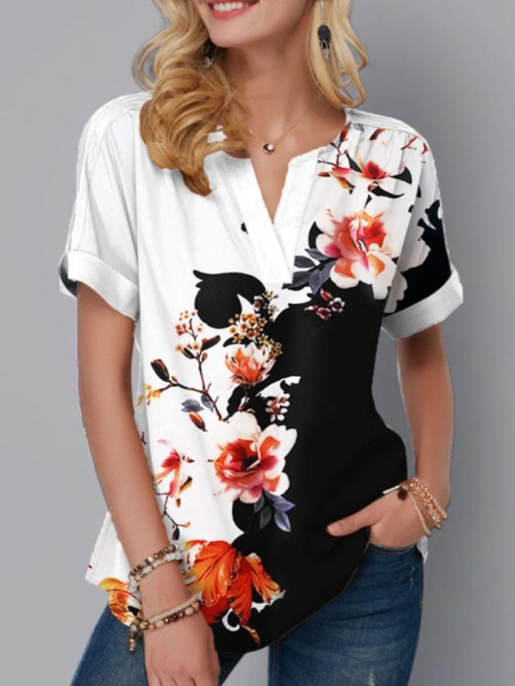 Digital Printed V-neck Short-sleeved Top - T-shirts - INS | Online Fashion Free Shipping Clothing, Dresses, Tops, Shoes - 10-20 - 19/06/2021 - color-blue