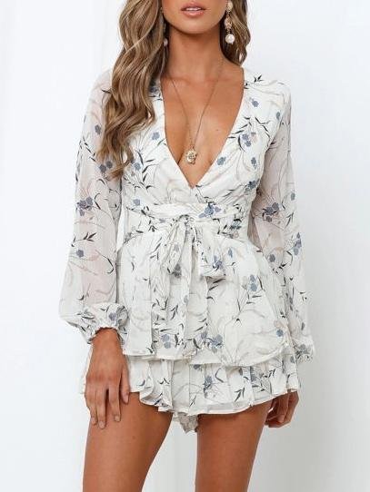 Digital Printing Summer Breathable Long-sleeved V-neck Jumpsuit - Jumpsuits & Rompers - INS | Online Fashion Free Shipping Clothing, Dresses, Tops, Shoes - 09/07/2021 - 30-40 - Bottoms